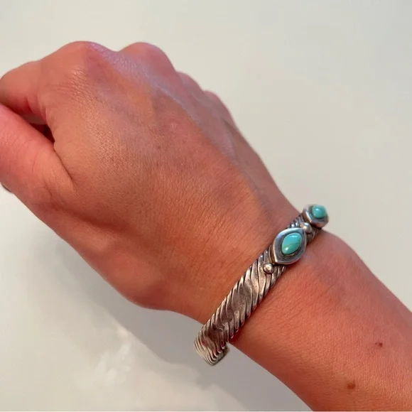 Vintage Mexico Turquoise Cable Design Cuff Bracelet in 925 Sterling Silv… - Picture 5 of 9
